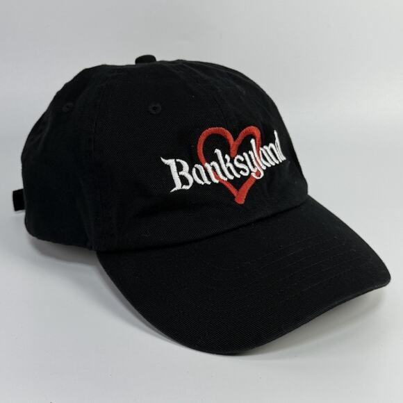Black Banksyland Adjustable Hat Cap Embroidered Cotton Red Heart Banksy main image 5